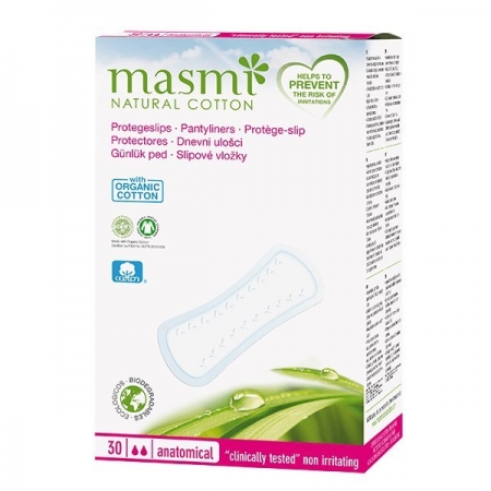 MASMI Wkładki higieniczne o anatomicznym kształcie 100% bawełny organicznej 30 SZT